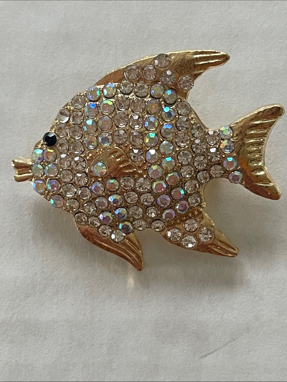 Gold Crystal Fish Brooch — Sparkling Gold Tone Accent